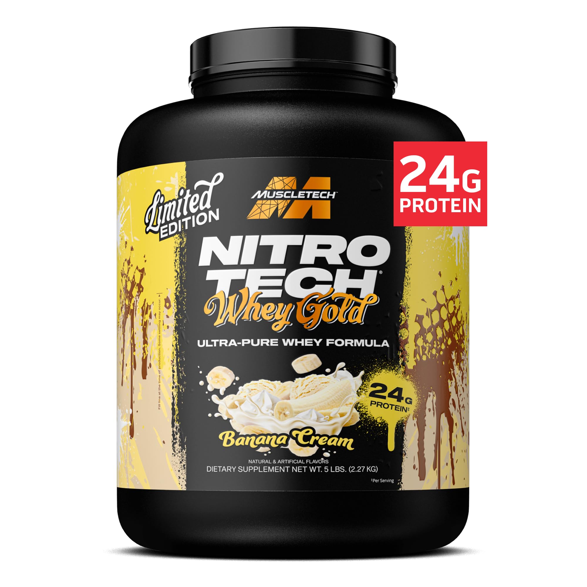 MuscleTech Nitro-Tech Whey Protein Isolate – 24g de Proteína Premium por Dose | Ganho de Massa Magra e Recuperação Rápida | Sem Glúten | 5LB Sabor Banana Cream