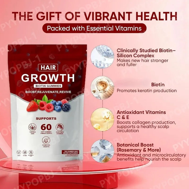Gomas de Vitaminas com Biotina, Colágeno e Extratos Botânicos para Cabelos Mais Fortes, Pele e Unhas Saudáveis – 60 Gummies