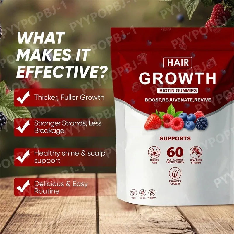 Gomas de Vitaminas com Biotina, Colágeno e Extratos Botânicos para Cabelos Mais Fortes, Pele e Unhas Saudáveis – 60 Gummies